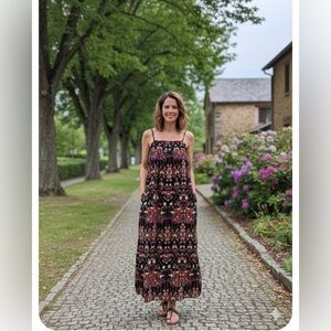 Anthropologie Black and Pink Floral Maxi Dress